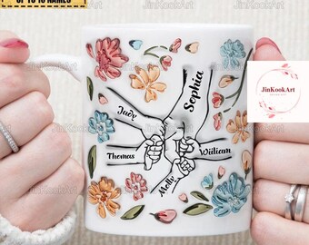 Madre de la mano, usted sostiene nuestras manos taza, taza de regalo para mamá, abuela, taza personalizada con efecto inflado 3D de la mano de mamá