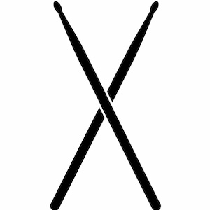 May include: Black drumsticks crossed against a white background. The drumsticks are solid black, with a rounded tip on one end and a tapered shaft. The image is a simple, graphic representation of percussion instruments.