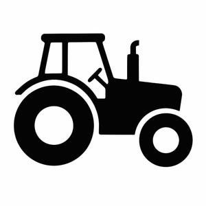 Könnte beinhalten: Schwarz-weiße Illustration eines Traktors. Der Traktor hat eine Kabine, ein Lenkrad und große Hinterräder. Das Auspuffrohr ist sichtbar. Geeignet für landwirtschaftliche oder landwirtschaftsbezogene Produkte.