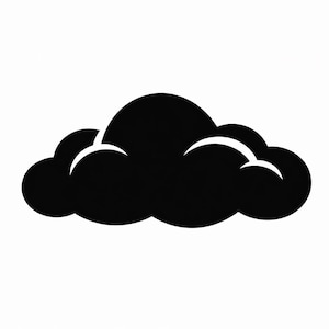 Peut inclure: Icône de nuage noir sur fond blanc. Le nuage est une illustration stylisée avec un sommet arrondi et plusieurs formes arrondies plus petites en bas. Des lignes courbes blanches accentuent la forme du nuage.