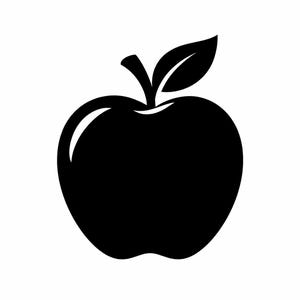 May include: A monochrome graphic of an apple. The apple is solid black with a white highlight on the top left side. A stem and leaf are also black.