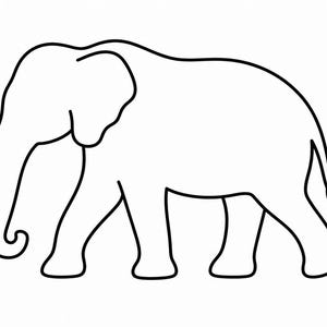 Peut inclure: Un dessin au trait noir d'un éléphant marchant vers la gauche. L'éléphant a de grandes oreilles, une longue trompe et quatre pattes. Le fond est blanc uni.
