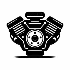 May include: A black and white illustration of a V8 engine. The engine features two cylinder banks, a central housing, and a top-mounted air intake. The design is a stylized representation of an internal combustion engine.