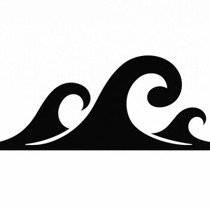 May include: A black and white graphic of three stylized ocean waves. The waves are depicted in a minimalist style, with smooth, curved lines and a solid black fill against a white background. The design suggests a nautical or coastal theme.