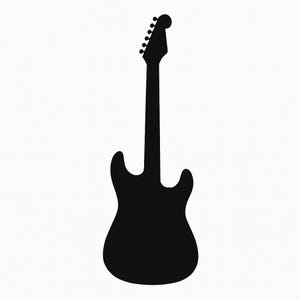 以下が含まれることがあります： 白い背景に黒いシルエットのエレキギター。ギターは、クラシックなボディシェイプ、チューニングペグ付きの長いネック、ヘッドストックを備えています。 音楽関連の商品に最適です。