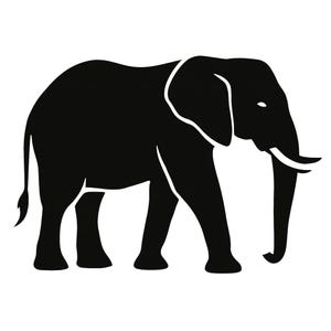 May include: A black silhouette of an elephant walking to the right. The elephant has large ears, tusks, and a trunk. The outline of the elephant is thick and the background is white.