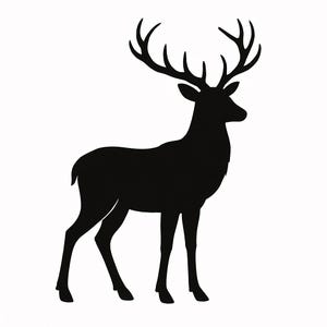 May include: A black silhouette of a deer with large antlers, set against a white backdrop. The deer is positioned to the right, with its head turned slightly. The image is a simple, graphic representation of a deer.