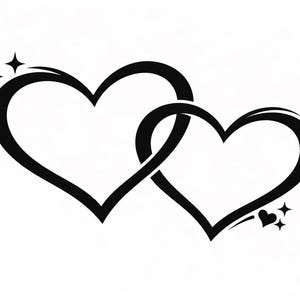 Puede incluir: Gráfico de dos corazones negros entrelazados sobre fondo blanco. Los corazones están delineados y conectados, con un pequeño corazón y estrellas. Ideal para diseños de San Valentín o bodas.