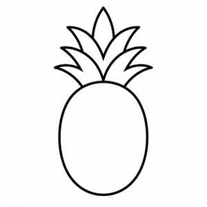 May include: A black and white outline illustration of a pineapple. The pineapple has a rounded body with a textured top of spiky leaves. The design is simple and graphic, suitable for various applications.