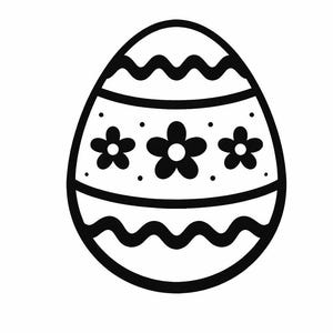 Może przedstawiać: Czarno-biała ilustracja pisanki wielkanocnej. Jajko ozdobione jest falistymi liniami i pasmem z trzema kwiatami i kropkami. Prosty, ale świąteczny wzór na święta Wielkanocy.