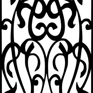 May include: Black and white decorative panel featuring an intricate, symmetrical design. The pattern consists of swirling lines and stylized floral or leaf-like shapes, creating a visually appealing, ornate aesthetic.