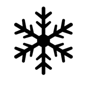 May include: A black snowflake icon with six symmetrical arms, each ending in three points. The design is a solid, opaque shape against a white background, representing winter or cold weather.
