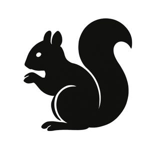 May include: A black silhouette of a squirrel on a white background. The squirrel is depicted in a side profile, with its bushy tail curved upwards. The image is a simple, graphic illustration.