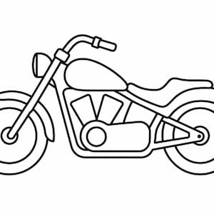 Peut inclure: Illustration en noir et blanc d'une moto. La moto a une grande roue avant, un petit phare et un guidon incurvé. La selle est basse et le moteur est visible.