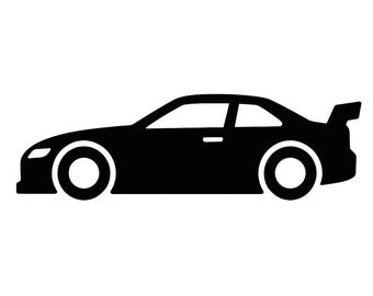 May include: Black silhouette of a sports car with a spoiler. The car has a sleek, aerodynamic design with large wheels and a low profile. The image is a simple, graphic representation of a race car.