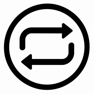 Peut inclure: Icône noir et blanc représentant un cercle avec deux flèches formant une boucle. Les flèches épaisses pointent en sens inverse, suggérant une fonction de cycle ou de répétition. Design simple et moderne.