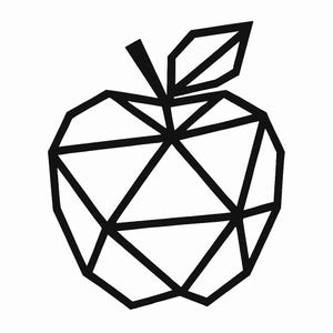 May include: A black geometric apple design on a white background. The apple is formed from interconnected lines, creating a polygonal shape. The design includes a stem and a leaf, also in black.