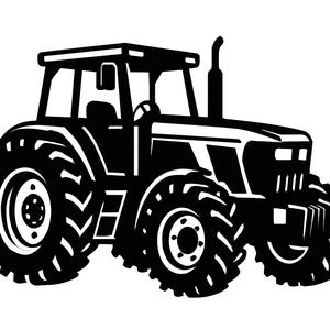 Może przedstawiać: Czarno-biała ilustracja traktora. Traktor ma duże opony, kabinę i komin. Projekt to prosta, odważna grafika, odpowiednia dla produktów o tematyce rolniczej.