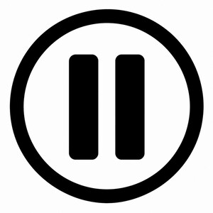 Puede incluir: Gráfico en blanco y negro de un símbolo de pausa. El símbolo consta de dos rectángulos verticales dentro de un círculo negro. El fondo es blanco.
