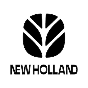 以下が含まれることがあります： スタイリッシュな葉の黒と白のロゴで、下に「NEW HOLLAND」というテキストがあります。