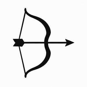 Pode incluir: Ilustração a preto e branco de um arco e flecha. O arco é curvo, com uma corda esticada. Uma flecha está posicionada, pronta para ser lançada. As penas da flecha são visíveis.