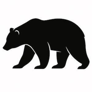 May include: A black silhouette of a bear walking to the right. The bear is depicted in a side profile, with its head and body clearly defined. The image is simple and graphic, suitable for various applications.