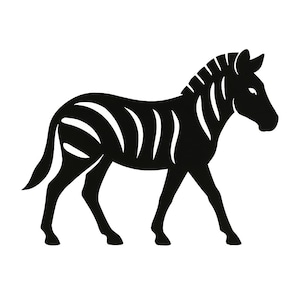 Könnte beinhalten: Schwarz-weiße Silhouette eines Zebras in Laufhaltung. Der Körper des Zebras weist gebogene weiße Streifen auf schwarzem Hintergrund auf. Das Bild ist eine einfache, grafische Darstellung des Tieres, geeignet für verschiedene Designanwendungen.