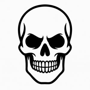 Peut inclure: Illustration en noir et blanc d'un crâne humain. Le crâne présente de grandes orbites sombres, une cavité nasale triangulaire et une dentition complète. Le contour épais et audacieux crée un fort contraste sur fond blanc.