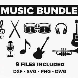 May include: Black and white graphic of musical instruments including a treble clef, drumsticks, drums, headphones, a microphone, a musical note, a guitar, an electric guitar, and a trumpet. The text "MUSIC BUNDLE" is at the top, and "9 FILES INCLUDED" is at the bottom.