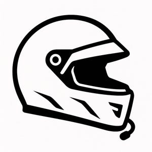 May include: A black and white illustration of a racing helmet. The helmet has a visor, chin strap, and a streamlined design. The image is a simple, graphic representation of a helmet, suitable for motorsports or safety-related themes.