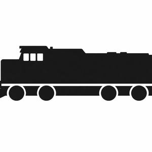 May include: A black silhouette of a diesel locomotive, featuring a rectangular body, a cab with three windows, and four pairs of wheels. The image is set against a white background, emphasizing the train's shape.