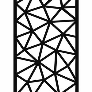 May include: A rectangular panel featuring a black frame and an internal geometric pattern composed of various interconnected triangles of differing sizes and shapes, creating a complex network of lines within the solid black border.