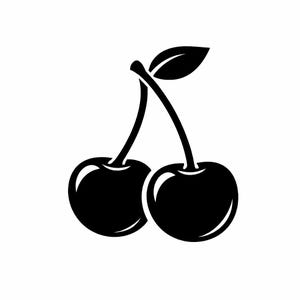 Può includere: Illustrazione in bianco e nero di due ciliegie rotonde e lucide, collegate da gambi neri e una foglia. Immagine semplice e pulita su sfondo bianco.