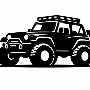 Può includere: Illustrazione in bianco e nero di un robusto veicolo fuoristrada. Il veicolo presenta pneumatici grandi e tassellati, un portapacchi e una ruota di scorta sul retro. Il design è una silhouette, che enfatizza la forma e le caratteristiche del veicolo.