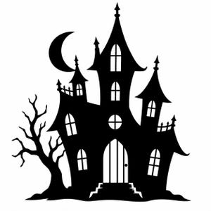 May include: A black silhouette graphic of a multi-towered house with pointed roofs, arched windows, and a central arched doorway. A crescent moon is positioned in the upper left corner, and a bare, leafless tree stands to the left of the structure.