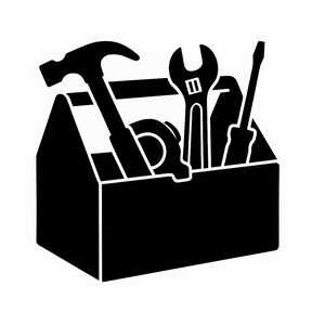 Peut inclure: Illustration en noir et blanc d'une boîte à outils remplie d'outils. Les outils comprennent un marteau, une clé, un tournevis et un mètre ruban. La boîte à outils est rectangulaire avec une poignée.