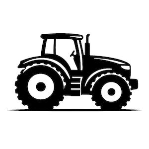 Może przedstawiać: Czarno-biała ilustracja traktora. Traktor ma duże opony, kabinę z kierownicą i komin. Obraz jest prostą, graficzną reprezentacją pojazdu rolniczego.