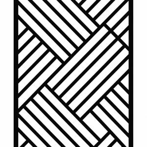 Peut inclure: Un panneau rectangulaire doté d'un cadre noir et d'un motif géométrique composé de lignes parallèles disposées en blocs diagonaux alternés. Le design présente des bandes entrecroisées créant un effet de tissage à l'intérieur du cadre.