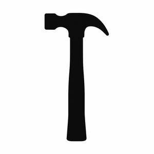 May include: A black hammer silhouette against a white background. The hammer features a curved claw, a rectangular head, and a long, tapered handle. This tool is commonly used for construction and woodworking projects.