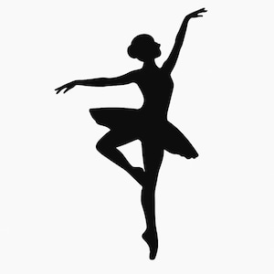 Peut inclure: Silhouette noire d'une ballerine en pose gracieuse. La danseuse porte un tutu et a un bras tendu vers le haut et l'autre sur le côté. Ses cheveux sont en chignon et elle est sur la pointe des pieds.