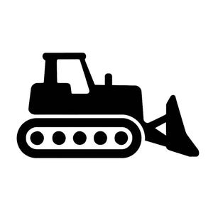 Op de afbeelding: Zwart-wit illustratie van een bulldozer. De afbeelding toont een zijaanzicht van het voertuig, met de nadruk op de rupsbanden, het blad en de cabine. Het ontwerp is eenvoudig en geschikt voor bouw- of industriële thema's.
