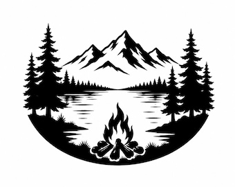 Campfire Mountain Lake Silhouette - DXF SVG PNG dwg