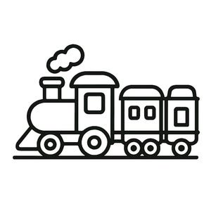 以下が含まれることがあります： 白黒の線画で描かれたおもちゃの電車。 煙突と煙のある機関車と、2両の客車が描かれています。 電車は線路の上にあります。