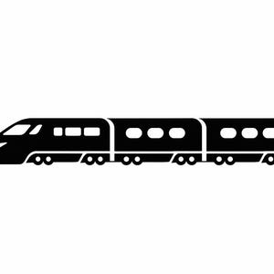 Puede incluir: Ilustración en blanco y negro de un tren de alta velocidad. El tren se representa de perfil, mostrando su forma aerodinámica y múltiples vagones. Cada vagón tiene ventanas y ruedas, lo que sugiere un diseño moderno.