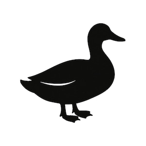 May include: A black silhouette of a duck on a white background. The duck is shown in profile, with its beak, head, body, wings, and webbed feet clearly defined. The image is a simple, graphic representation of the bird, suitable for various applications.