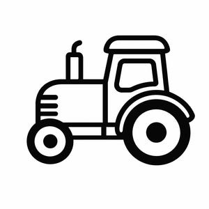 Peut inclure: Un dessin au trait noir et blanc d'un tracteur. Le tracteur a une cabine, deux grandes roues arrière et deux petites roues avant. Le tuyau d'échappement est visible. Le design est simple et graphique.