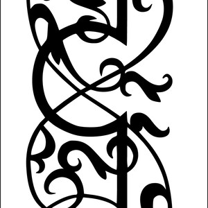 May include: Black, vertical, decorative metal panel with an ornate, stylized design. The design features swirling lines, floral elements, and a central, elongated shape, all in a symmetrical arrangement.