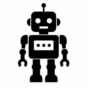 Könnte beinhalten: Schwarz-weiße Illustration eines Roboters. Der Roboter hat einen quadratischen Kopf mit zwei kreisförmigen Augen, einem horizontalen Mund und einer kleinen Antenne. Der Körper ist rechteckig mit einem Display, das drei Punkte zeigt. Die Arme enden in C-Form.