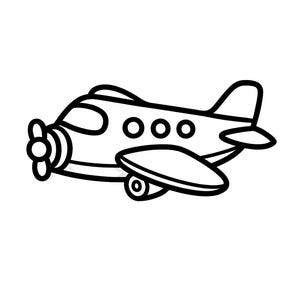 Puede incluir: Ilustración de dibujos animados en blanco y negro de un avión. El avión tiene una hélice, tres ventanas y un ala con una sola rueda. El diseño es sencillo y adecuado para productos infantiles.