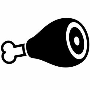 May include: A black and white graphic illustration of a cooked ham hock. The ham hock is depicted in a simple, bold style, with a bone and a cross-section of meat visible. The image is set against a plain white background.
